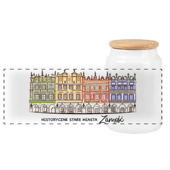 Zamosc in Polen, Fassaden am Markt, Handzeichnung - Panorama Keksdose mit Holzdeckel - Weiß - Vorne