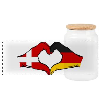 Denmark Germany Heart Shape with Hands - Panoramic Cookie Jar with Wooden Lid - white - Front