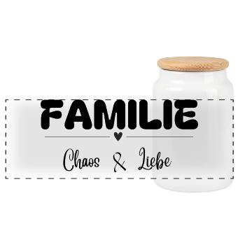 Family chaos love - Panoramic Cookie Jar with Wooden Lid - white - Front