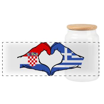 Croatia Greece Flag Hands Heart Shape - Panoramic Cookie Jar with Wooden Lid - white - Front