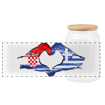 Croatia Greece Flag Hands Heart Shape Used - Panoramic Cookie Jar with Wooden Lid - white - Front