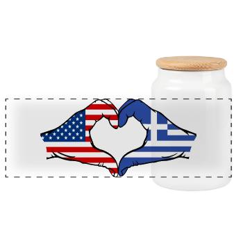 USA Greece Flag Hands Heart Shape - Panoramic Cookie Jar with Wooden Lid - white - Front