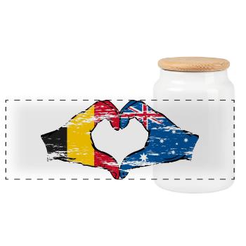 Belgium Australia Flag Heart shape used - Panoramic Cookie Jar with Wooden Lid - white - Front