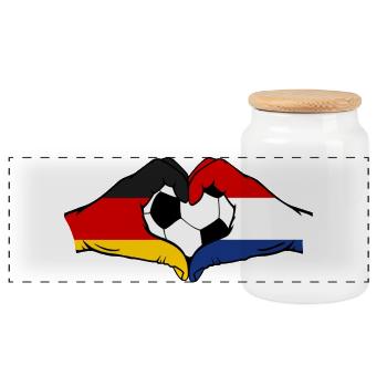 Germany Holland Football Flag Hands Heart Shape - Panoramic Cookie Jar with Wooden Lid - white - Front