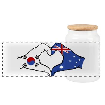 South Korea Australia Hands Heart Shape - Panoramic Cookie Jar with Wooden Lid - white - Front