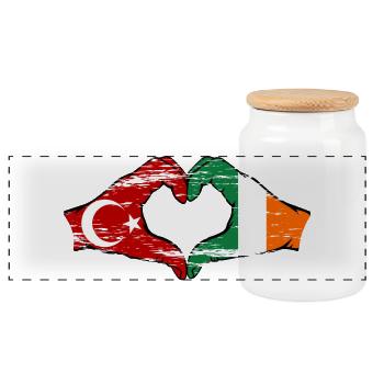 Turkey Ireland Hands Heart Shape Used - Panoramic Cookie Jar with Wooden Lid - white - Front