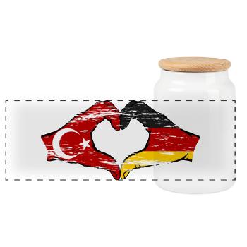 Turkey Germany Hands Heart Shape Used - Panoramic Cookie Jar with Wooden Lid - white - Front
