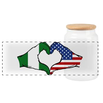 Nigeria USA Flag Hands Heart Shape - Panoramic Cookie Jar with Wooden Lid - white - Front