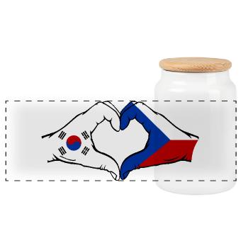 South Korea Czech Republic Flag Hands Heart Shape - Panoramic Cookie Jar with Wooden Lid - white - Front