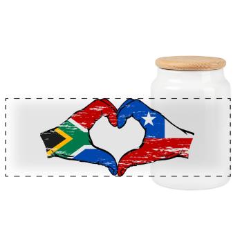 South Africa Chile flag hands heart shape used - Panoramic Cookie Jar with Wooden Lid - white - Front