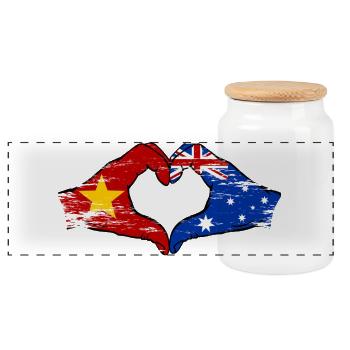 Vietnam Australia Flag Hands Heart Shape Used - Panoramic Cookie Jar with Wooden Lid - white - Front