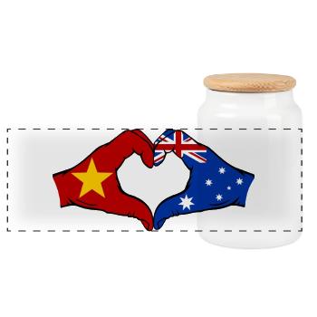 Vietnam Australia Flag Hands Heart Shape - Panoramic Cookie Jar with Wooden Lid - white - Front