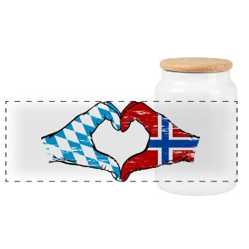 Bavaria Norway Flag Hands Heart Shape Used - Panoramic Cookie Jar with Wooden Lid - white - Front