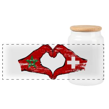 Marokko Schweiz Flagge Hände Herzform used - Panorama Keksdose mit Holzdeckel - Weiß - Vorne