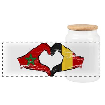 Morocco Belgium flag hands heart shape used - Panoramic Cookie Jar with Wooden Lid - white - Front