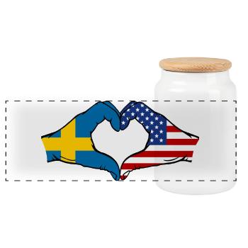 Sweden USA Flag Hands Heart Shape - Panoramic Cookie Jar with Wooden Lid - white - Front