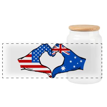 USA Australia Flag Hand Heart Shape - Panoramic Cookie Jar with Wooden Lid - white - Front