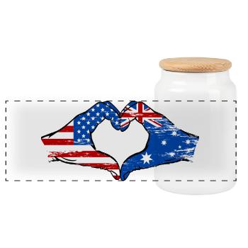 USA Australia Flag Hand Shape Heart Shape Used - Panoramic Cookie Jar with Wooden Lid - white - Front