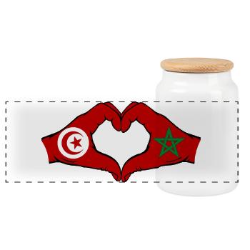 Tunisia Morocco Flag Hands Heart Shape - Panoramic Cookie Jar with Wooden Lid - white - Front