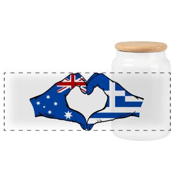 Australia Greece Flag Hands Heart Shape - Panoramic Cookie Jar with Wooden Lid - white - Front