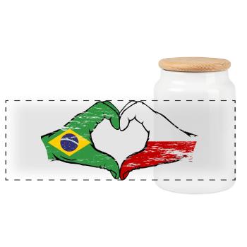 Brazil Poland Flag Hand Shape Heart Shape Used - Panoramic Cookie Jar with Wooden Lid - white - Front
