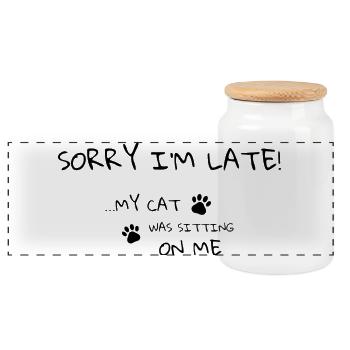 Sorry I’m Late – Cat Humor Tee - Panoramic Cookie Jar with Wooden Lid - white - Front