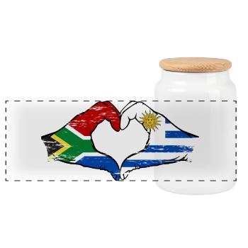 South Africa Uruguay Flag Hands Heart Shape Used - Panoramic Cookie Jar with Wooden Lid - white - Front