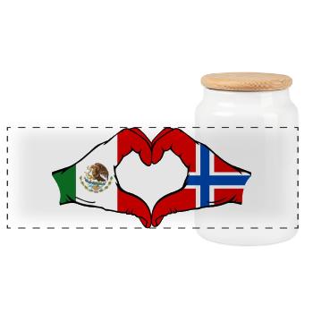 Mexico Norway flag hands heart shape - Panoramic Cookie Jar with Wooden Lid - white - Front
