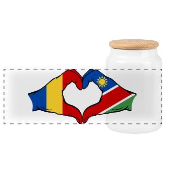 Romania Namibia flag hands heart shape - Panoramic Cookie Jar with Wooden Lid - white - Front