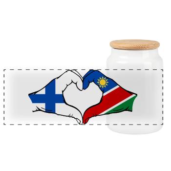 Finnland_Namibia_Flagge_Haende_Herzform - Panorama Keksdose mit Holzdeckel - Weiß - Vorne