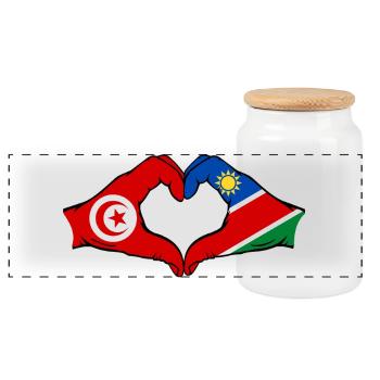 Tunisia Namibia Flag Hands Heart Shape Used - Panoramic Cookie Jar with Wooden Lid - white - Front