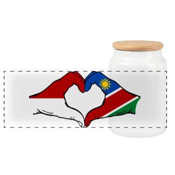 Indonesien_Namibia_Flagge_Haende_Herzform - Panorama Keksdose mit Holzdeckel - Weiß - Vorne