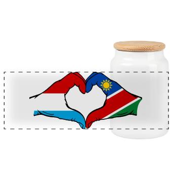 Luxemburg Namibia Flagge Hände Herzform - Panorama Keksdose mit Holzdeckel - Weiß - Vorne