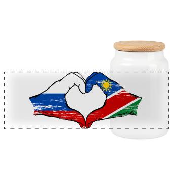 Russland Namibia Flagge Hände Herzform - Panorama Keksdose mit Holzdeckel - Weiß - Vorne
