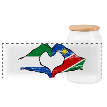 Sierra_Leone_Namibia_Flagge_Haende_Herzform_use - Panorama Keksdose mit Holzdeckel - Weiß - Vorne