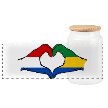 Holland Gabon Flag Hands Heart Shape - Panoramic Cookie Jar with Wooden Lid - white - Front