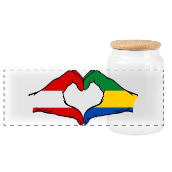 Austria Gabon Flag Hands Heart Shape Used - Panoramic Cookie Jar with Wooden Lid - white - Front