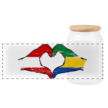 Austria Gabon Flag Hands Heart Shape Used - Panoramic Cookie Jar with Wooden Lid - white - Front