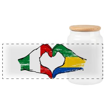 Italy Gabon Flag Hands Heart Shape Used - Panoramic Cookie Jar with Wooden Lid - white - Front
