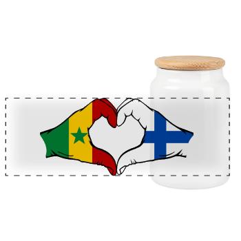 Senegal Finland Flag Hands Heart Shape - Panoramic Cookie Jar with Wooden Lid - white - Front