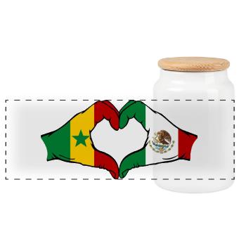 Senegal Mexico Flag Hands Heart Shape - Panoramic Cookie Jar with Wooden Lid - white - Front