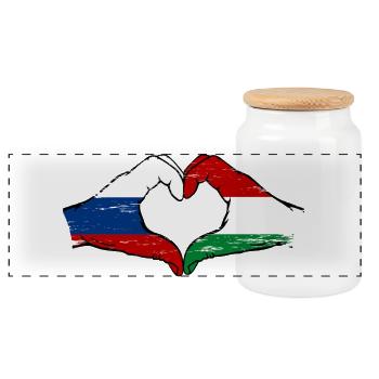Russia Hungary Flag Hands Heart Shape Used - Panoramic Cookie Jar with Wooden Lid - white - Front
