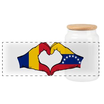 Romania Venezuela Flag Heart - Panoramic Cookie Jar with Wooden Lid - white - Front