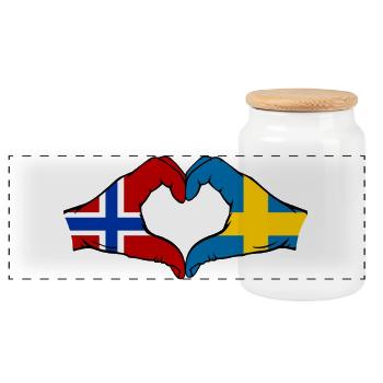 Norway Sweden Flag Hands Heart - Panoramic Cookie Jar with Wooden Lid - white - Front