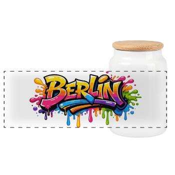 Berlin Graffiti lettering with colorful color effects - Panoramic Cookie Jar with Wooden Lid - white - Front