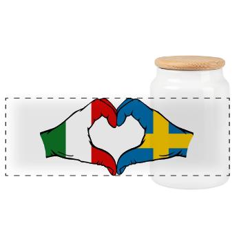 Italy Sweden Flag Hands Heart Shape - Panoramic Cookie Jar with Wooden Lid - white - Front