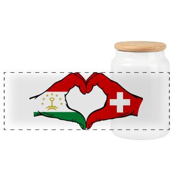 Schweiz Tadschikistan Flaggenherz  - Panorama Keksdose mit Holzdeckel - Weiß - Vorne