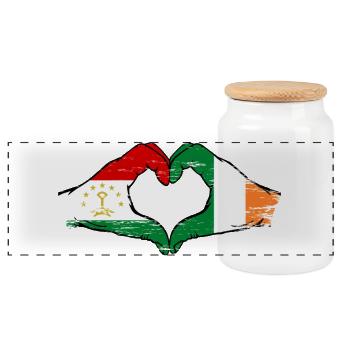 Tadschikistan Irland Flagge Hände Herzform - Panorama Keksdose mit Holzdeckel - Weiß - Vorne