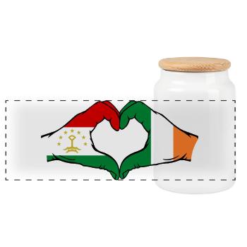 Tadschikistan Irland Flagge Hände Herzform - Panorama Keksdose mit Holzdeckel - Weiß - Vorne