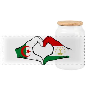 Tajikistan Algeria Flag Hands Heart Shape - Panoramic Cookie Jar with Wooden Lid - white - Front
